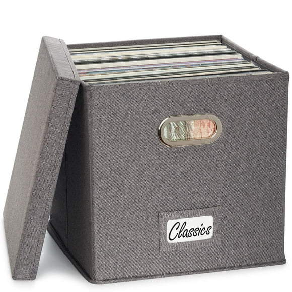ZICOTO Boîte de Rangement pour Disques Vinyles Décorative pour 50+ Disques Individuels - Support LP Robuste et Facile à Transporter avec Couvercle - la Caisse de Rangement Parfaite pour Votre Collection d'Album Précieux