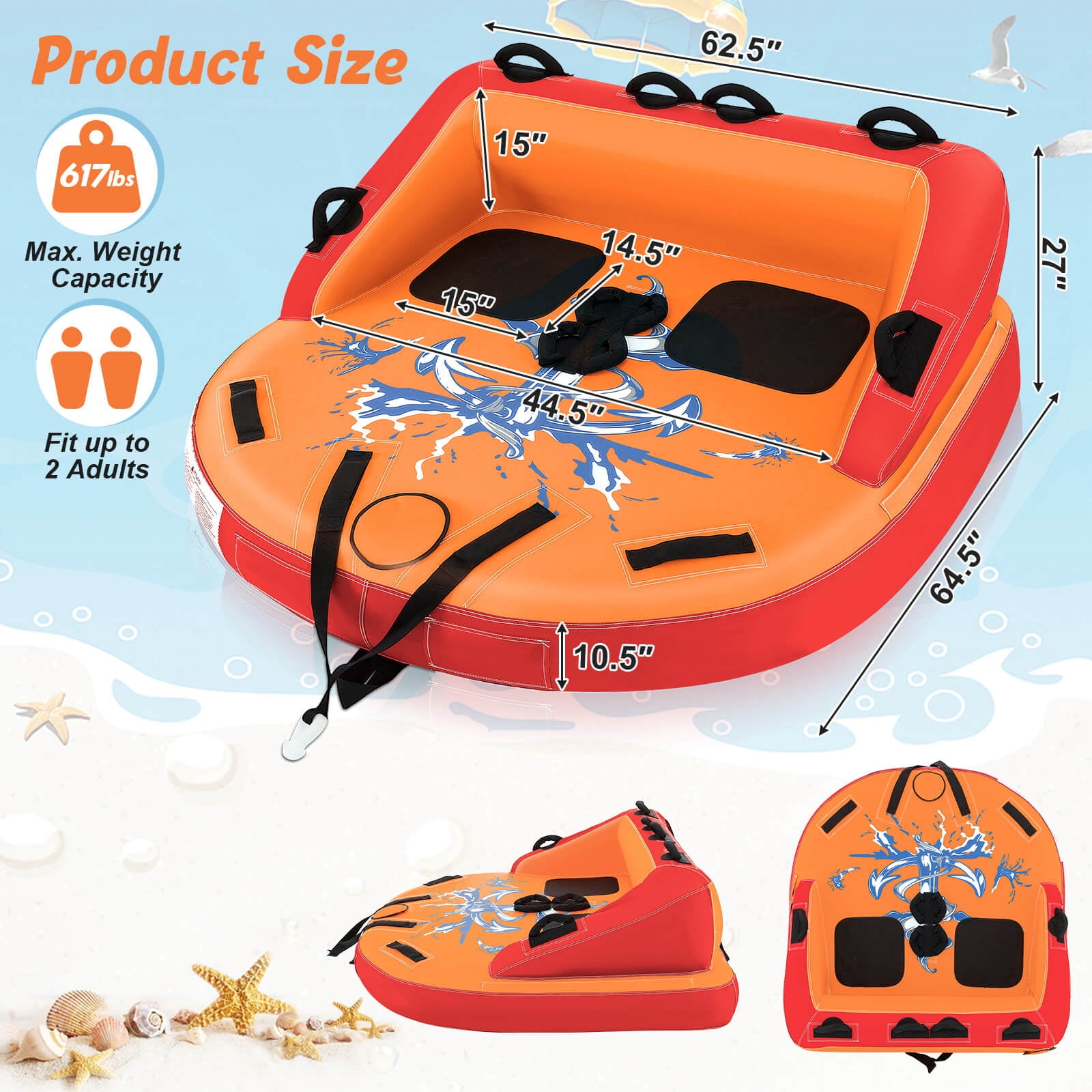 Infans 2 Person Inflatable Towable Tubes for Boating Water Tubes for Boats to Pull