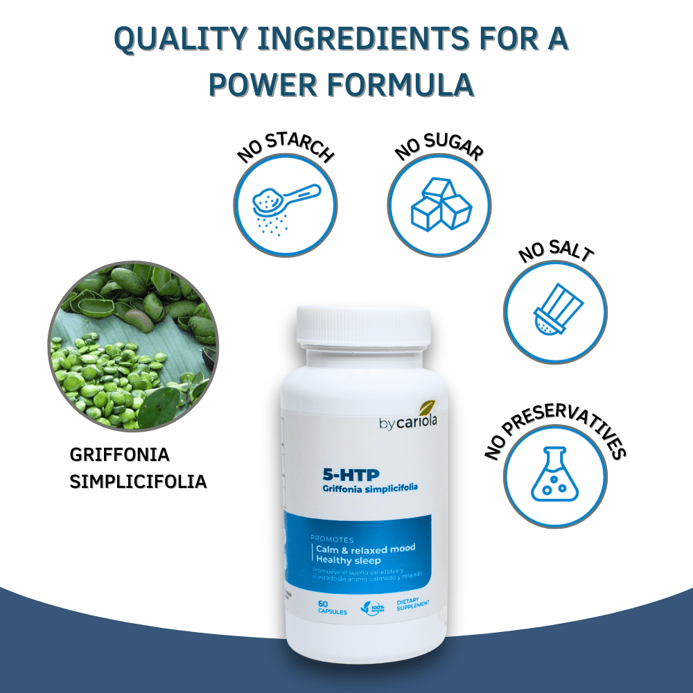 BY CARIOLA 5-HTP Natural Mood & Sleep Support Supplement Capsules - Mood Support - Sleep Support - Serotonin Booster - Calming Effect - Natural Formula Griffonia Simplicifolia - 60 Caps