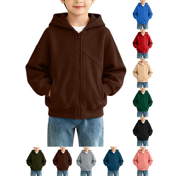 Sevevn Kids Boys Girls Fleece Zip Up Hooded Jacket Raglan Sleeve Solid Color Lightweight Hoodie Coat with Pockets Casual Outerwear