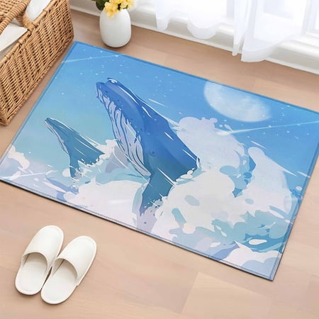 Blue Whale Bathroom Mats 2x3 FT Non Slip Small Kitchen Mat Blue Sky Clouds Natural Landscape Washable Soft Backed Front Door Throw Rugs Non-Shedding Indoor Outdoor Doormat for Entryway Sink