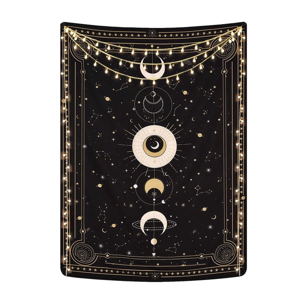 Tapiz de fases lunares, constelación misteriosa, cielo estrellado, cartas del tarot, colgante de pared, arte de pared estético retro astrológico para dormitorio, sala de estar, negro, 200 x