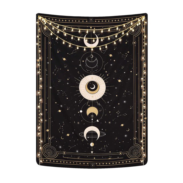 Tapiz de fases lunares, constelación misteriosa, cielo estrellado, cartas del tarot, colgante de pared, arte de pared estético retro astrológico para dormitorio, sala de estar, negro, 200 x