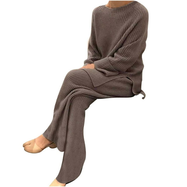 Yuyuzo Womens Two Piece Outfits Sweater Sets Long Sleeve Ribbed Knit Pullover Top Wide Leg Pants Matching Sets