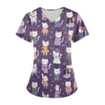 thumbnail image 2 of Minjewel Women's Plus Size Printed V-Neck Short Sleeve Scrubs for Women Set, Playful Animal & Floral Print Scrub Set for Nurses & Caregivers,Purple XL, 2 of 5