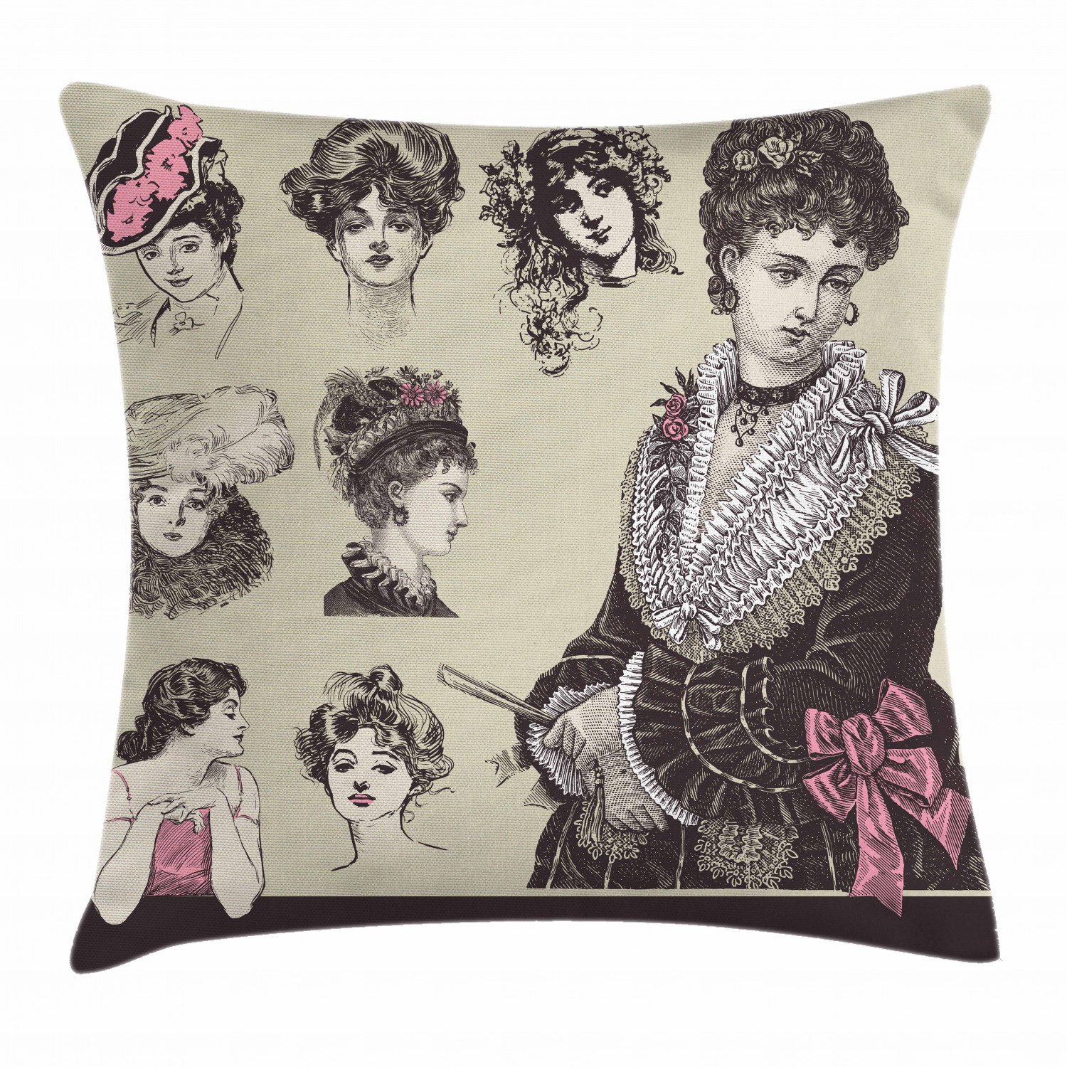Vintage Woman Throw Pillow Cushion Cover, Retro Lady Figures Posing