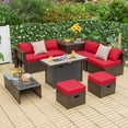 thumbnail image 3 of Topbuy 9 Pieces Outdoor Patio Furniture Set with 42" Propane Fire Pit Table Outdoor PE Wicker Space-Saving Sectional Sofa Set Red, 3 of 10