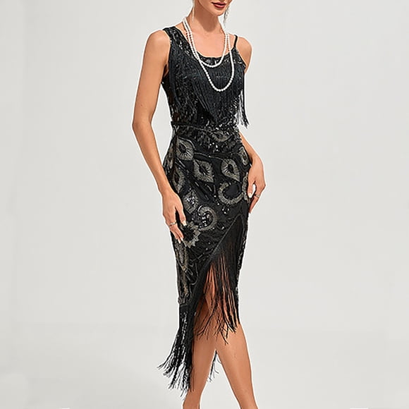 Aboser 1920s Flapper Dress for Women Sequin Beaded Cocktail Dresses Elegant Fringe Party Dress Slit Sleeveless Dresses Vintage Sparkly Prom Dress