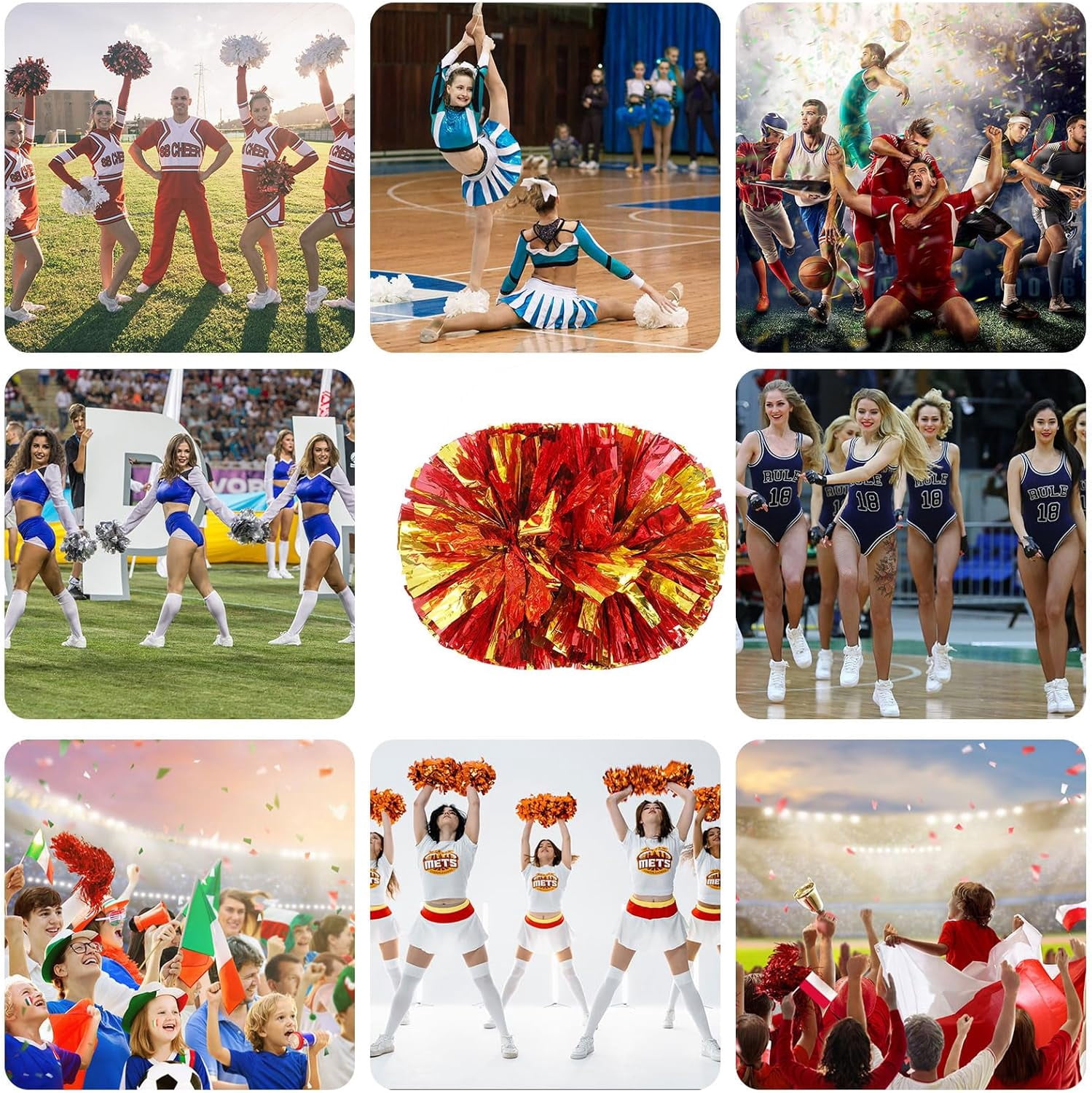 12 PCS pom poms Cheer, 13.8inch Sports Dance for Sports Team Spirit Cheering with Handle