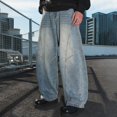 thumbnail image 7 of Mens Jeans Retro Washed Split Design Loose Tapered Straight Wide Leg Denim Trousers Comfortable Casual Daily Wear Fall Pants For Men Blue M, 7 of 7