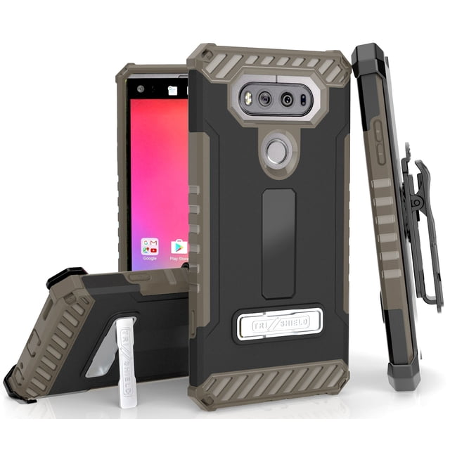 BROWN TRI-SHIELD RUGGED CASE COVER with MAGNETIC KICKSTAND + BELT CLIP HOLSTER + LANYARD STRAP FOR LG V20 PHONE (VS995, LS997, H918, US996, 6505A, H990, F800)