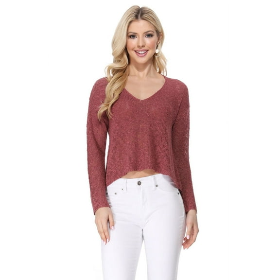 Yemak Women's Long Sleeve V-Neck Cropped Pullover Knit Sweater MK8268-BRICK-S