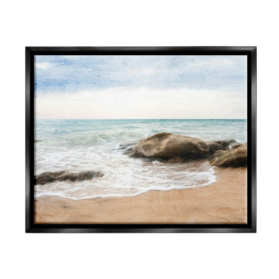 Stupell Industries Rocky Crashing Beach Waves Graphic Art Jet Black Floating Framed Canvas Print Wall Art, Design by Ann Bailey