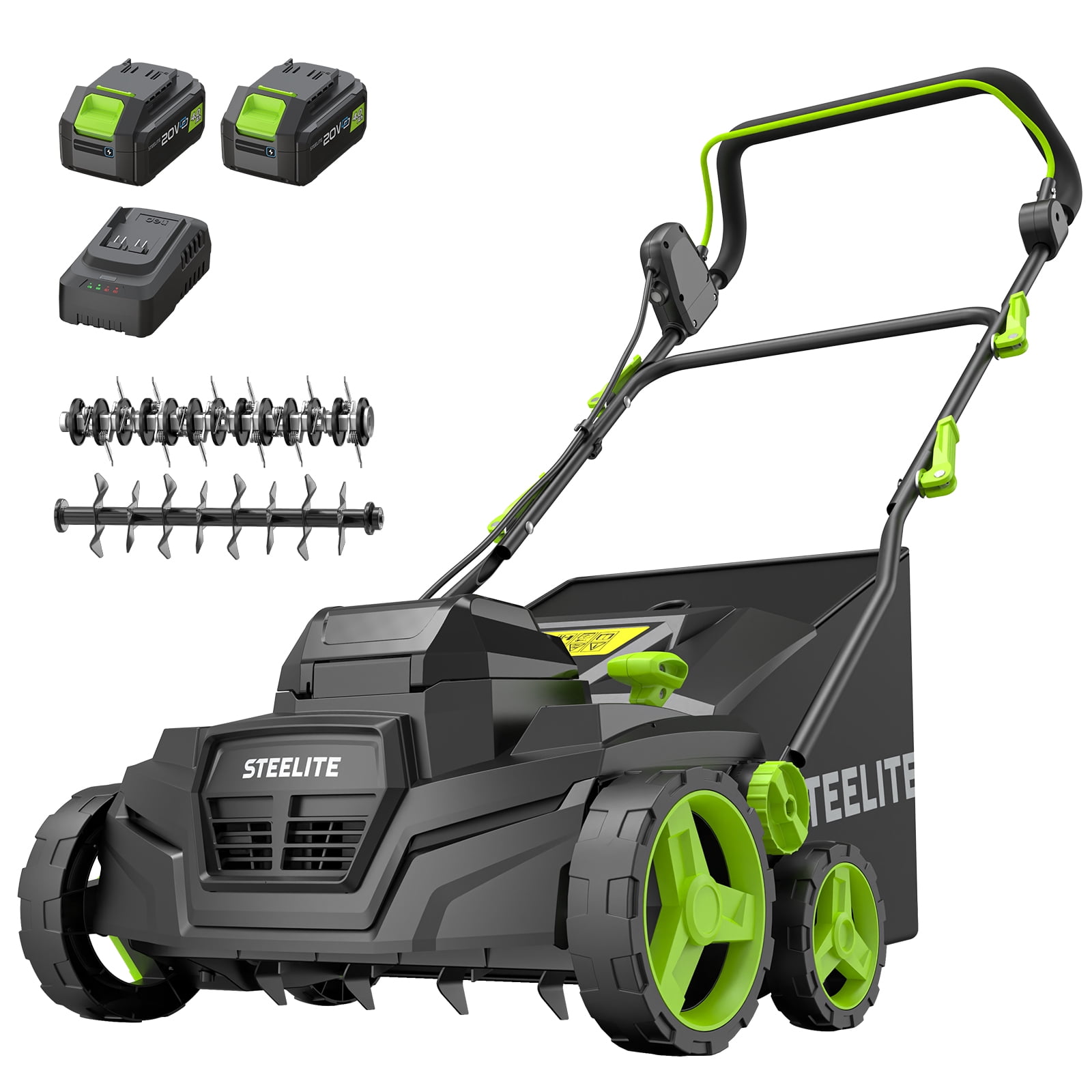 Steelite 2x21V 15-Inch Cordless Dethatcher and Scarifier with Brushless Motor, 2-in-1 Battery Powered Dethatcher with Removable 11.9-Gallon Collection Bag and 2 x 4.0 Ah Batteries