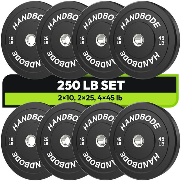 HANDBODE Bumper Plates 250 lb Set, Olympic Weight Plates Set of 2, Rubber Bumper Weights Plate with 2 Inch Steel Insert for Barbell, Standard Strength Training Plates for Weightlifting