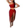 thumbnail image 2 of Alkepwun Skirt Sets for Women Summer Two-Piece Set Solid-Color One-Shoulder Cropped Top and High Waisted Pleated Slit Skirt, 2 of 8