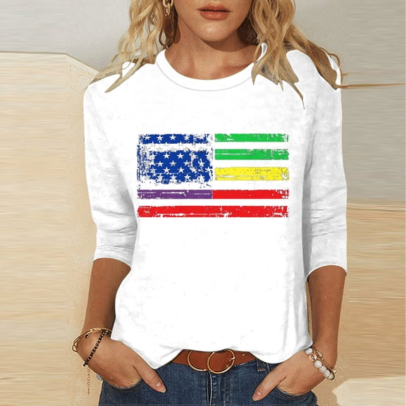 Cavosen American Flag Shirt Women Patriotic 3/4 Sleeve Round Neck Tops USA Flag Print T Shirts Lady XL Independence Day Casual Tops Funny 4th of July Tunic Tees 2025 Summer Patriotic Clothes