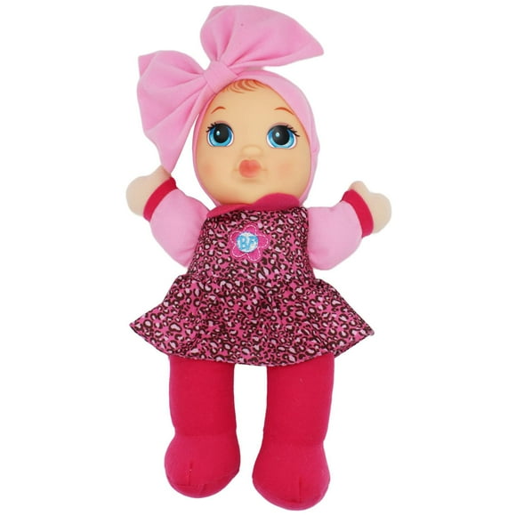 La primera muñeca Baby Kisses suave y tierna del bebé, vestida con una blusa estampada y mallas, presiona su barriga para escuchar un dulce sonido de besos y decir te amo