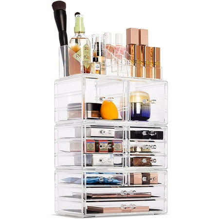 Sorbus X-Large Clear Makeup Organizer Case - 4 Piece Set 12 Drawers