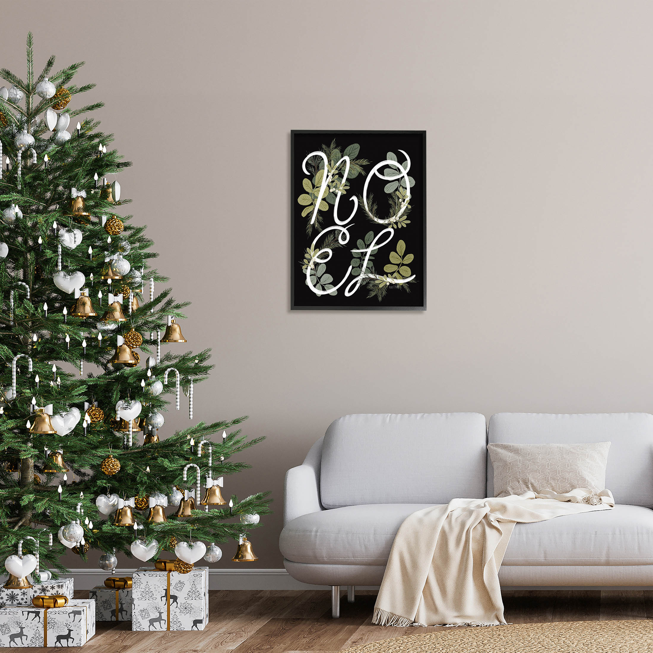 Noel Intertwined Botanical Leaves Holiday Graphic Art Black Framed Art Print Wall Art