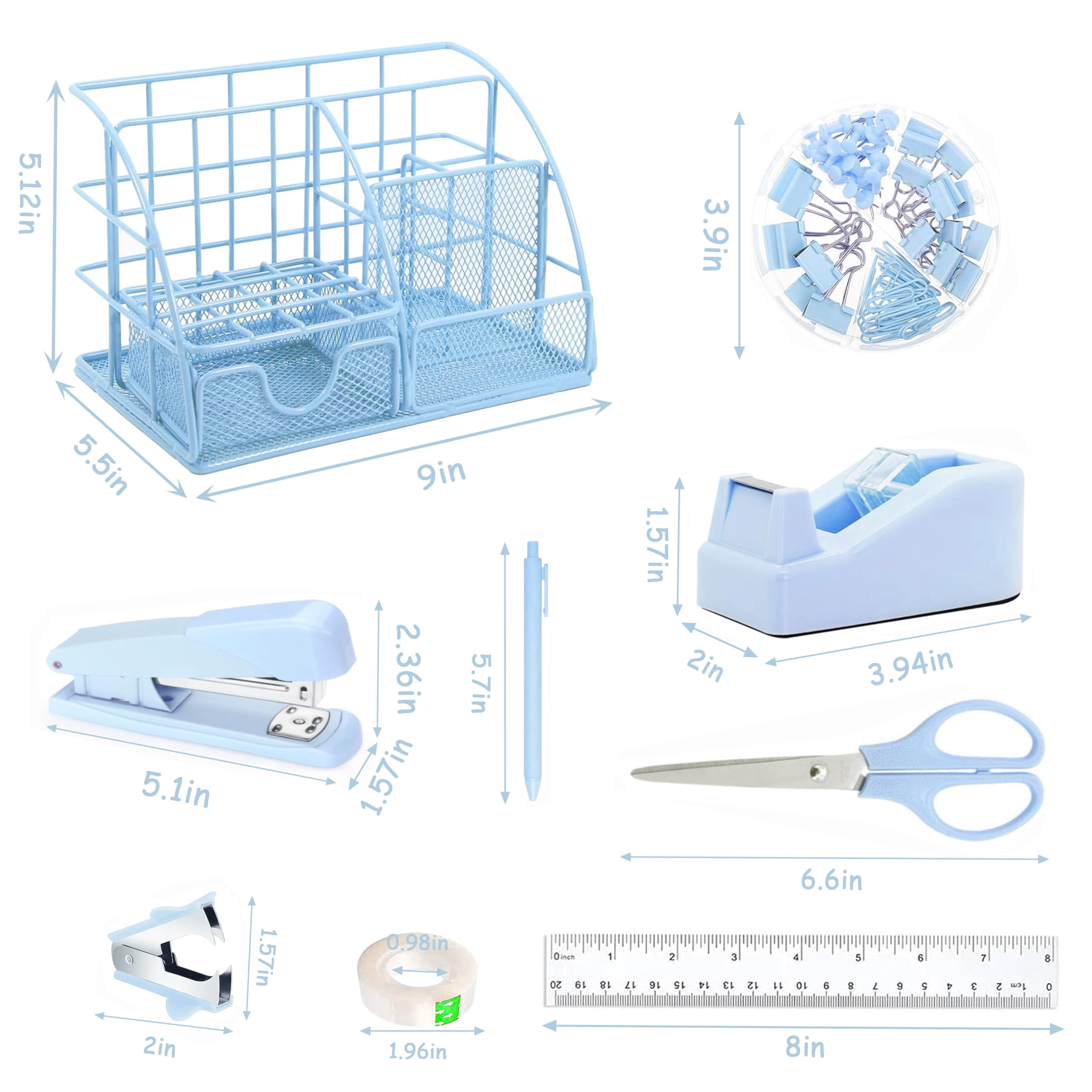 Blue Office Desk Accessories Supplies  10pcs Organizers And With Tape Dispenser Stapler Staples Scissor Ruler Sticky Tabs Ballpoint Pen Clips Set
