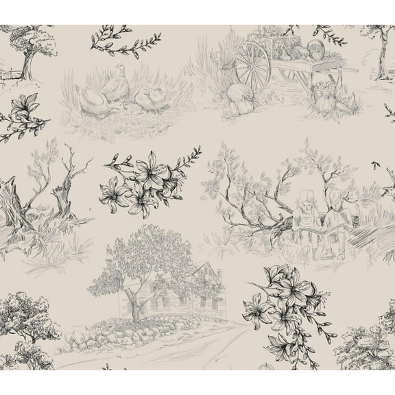 Beige Toile de Jouy Peel and Stick Wallpaper 10'L x 24''W