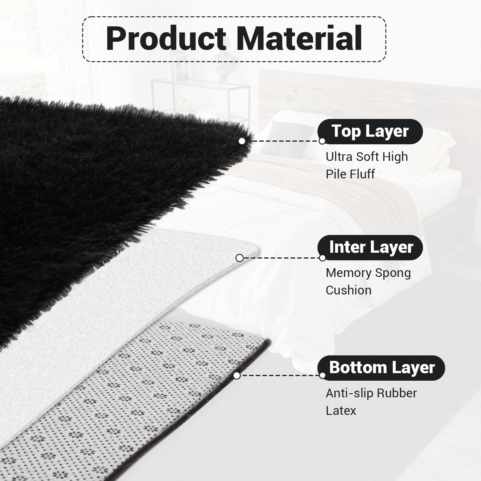 Hasoo 8' x 10' Large Area Rug High-Pile Plush Shag Rug Perfect for Living Rooms, Bedrooms, Dining Rooms, Black