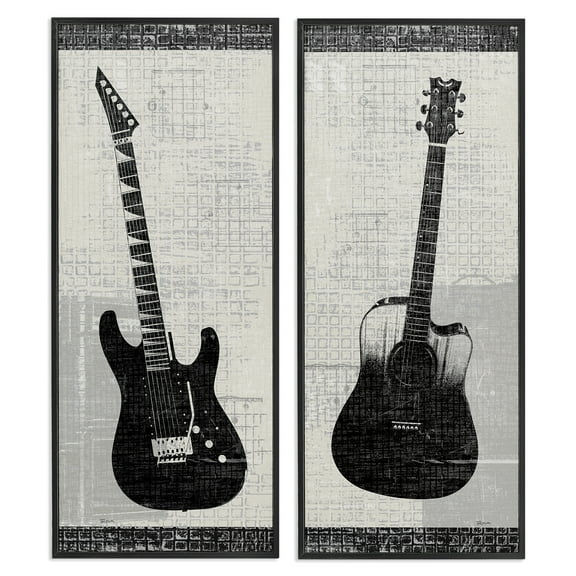 Stupell Industries Electric Acoustic Guitar Entertainment Painting Black Framed Art Print Wall Art, 10 x 24, Set of 2