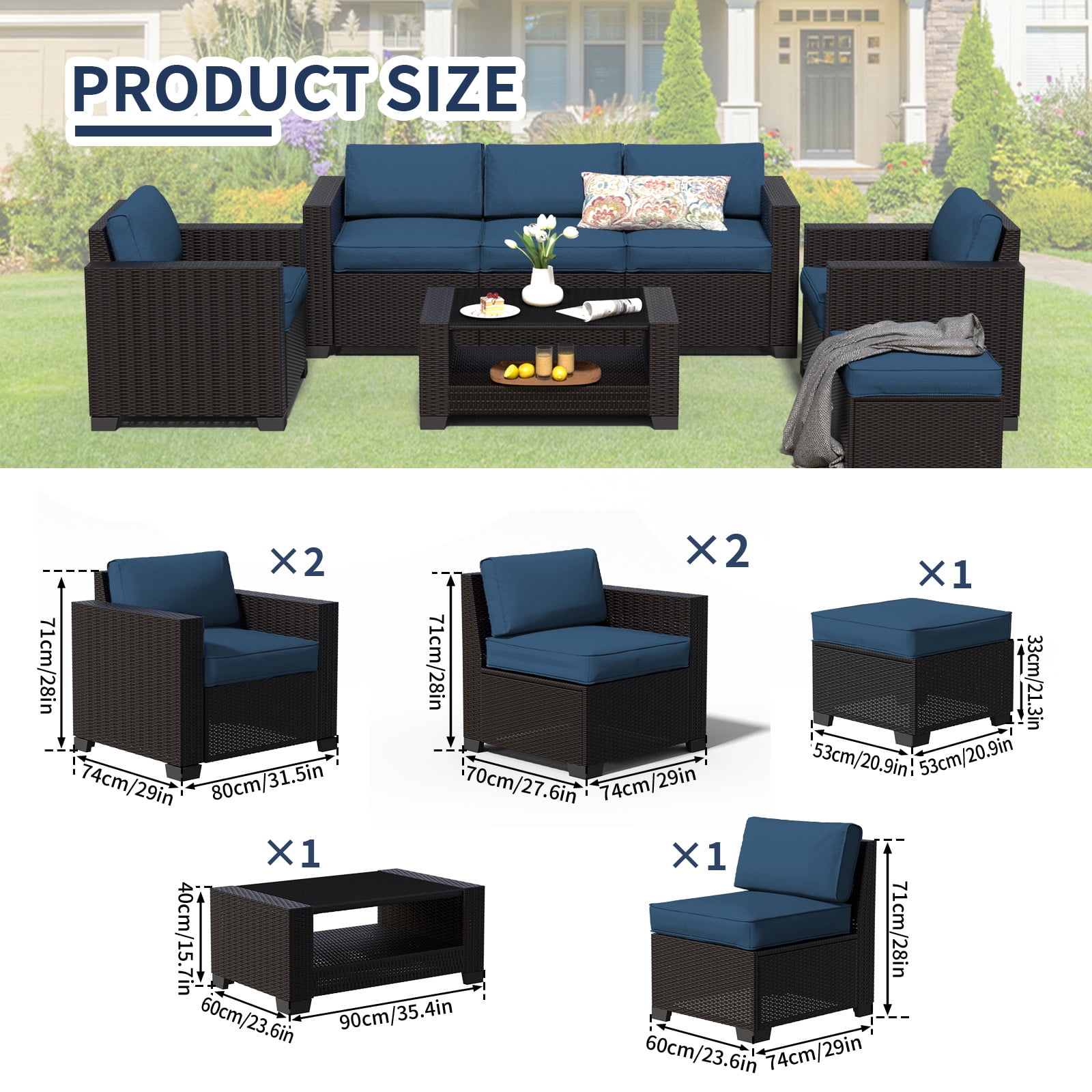 SHGJ&SOFT 7 Piece Patio Furniture Set, Wicker Outdoor Sectional Sofa with Washable Cushion Covers and Tempered Glass Table, Rattan Conversation Set for Poolside