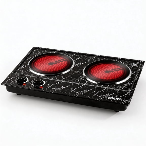 Cusimax Plaque Chauffante Double 1800W - Plaque de Cuisson à Induction, Cuisinière Électrique, Commandes de Température Précises, Fonctionne avec Tous les Ustensiles de Cuisine. Marbre Noir