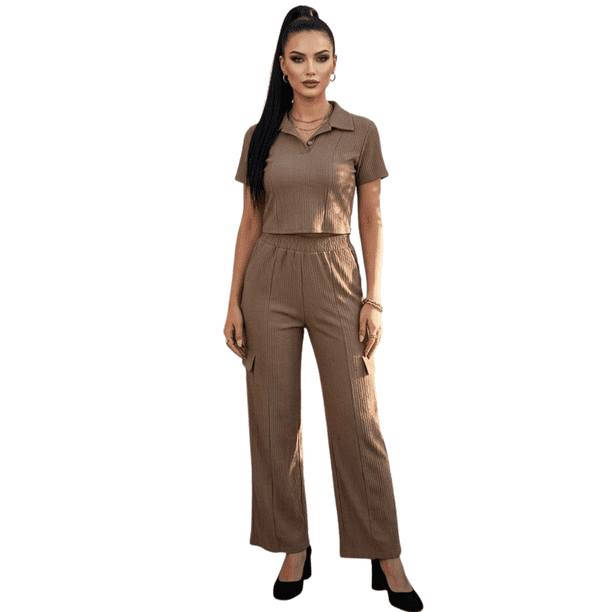 Conjunto 2 Piezas, Blusa Ajustada con Cuello y Pantalón Amplio con Bolsillos, Estilo Elegante y Moderno para Mujer