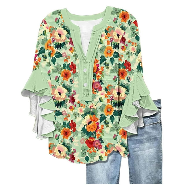 WZXFASHION Womens Tops 3/4 Length Sleeves Floral Shirts Flowy Ruffle Sleeve Tops Half Button Down Shirt Summer V Neck Blouse Spring Savings Clearance Women's Long sleeve T-shirt