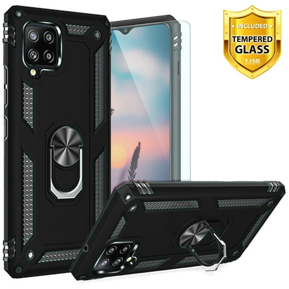 TJS Phone Case Compatible with Samsung Galaxy A42 5G, with [Tempered Glass Screen Protector] Impact Resistant Metal Ring Magnetic Support Armor Heavy Duty Protector Cover (Black)