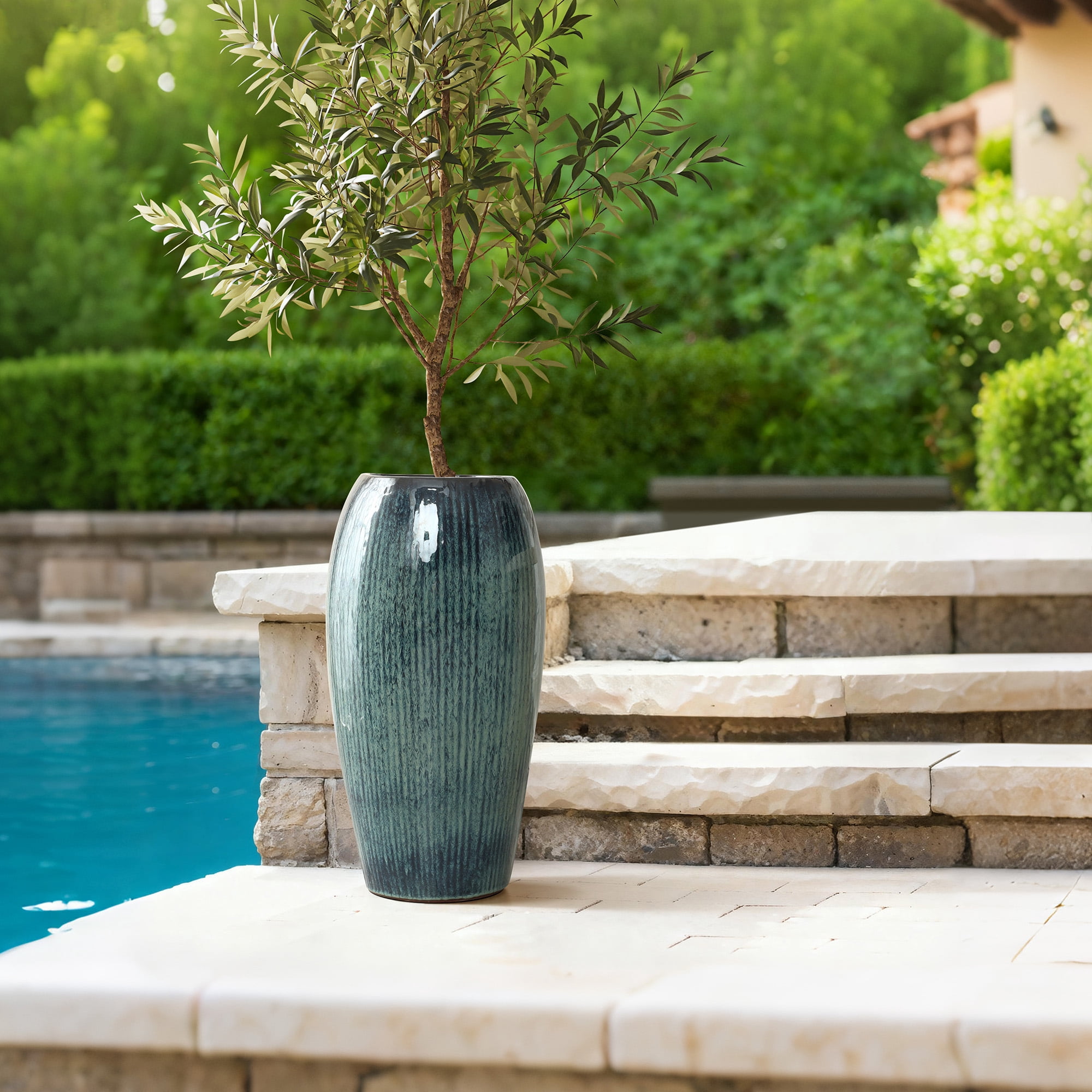 LuxenHome 23" Tall Ceramic Planter, Large Plant Pots with Drainage Hole, Blue