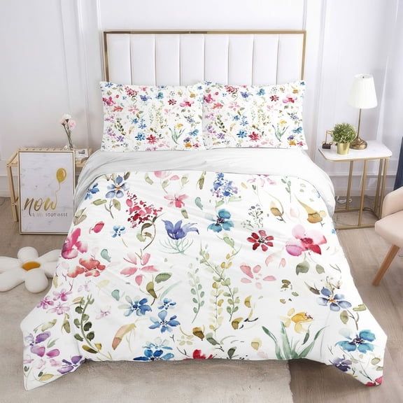 WNOOHIY 3Pcs Nature Watercolor Floral Duvet Cover with Pillowcases, Twin/Queen/King Size