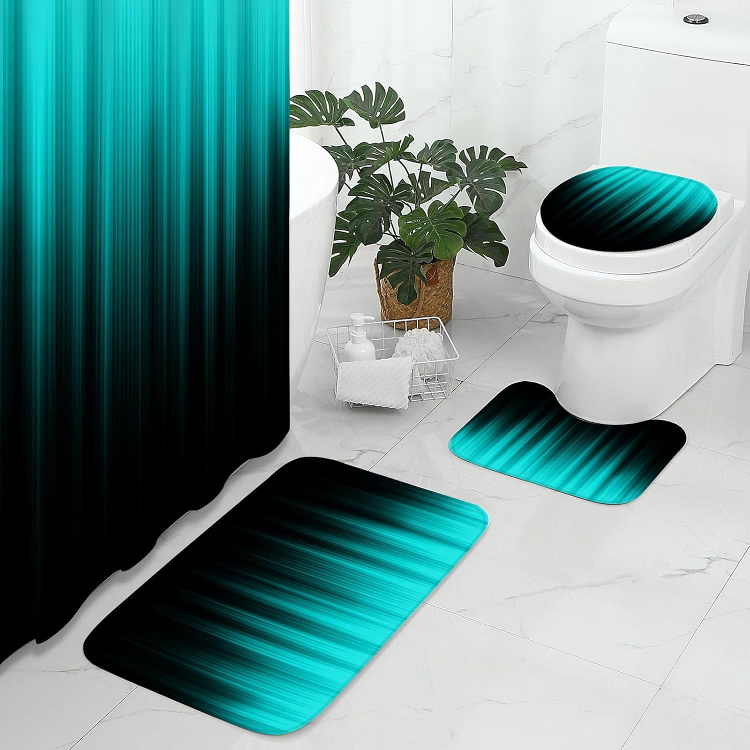 4 Pcs Teal and Black Shower Curtain Bathroom Set with Rugs, Toilet Lid Cover and Bath Mat, Gradient Teal Shower Curtain with 12 Hooks, Bathroom Decor Set