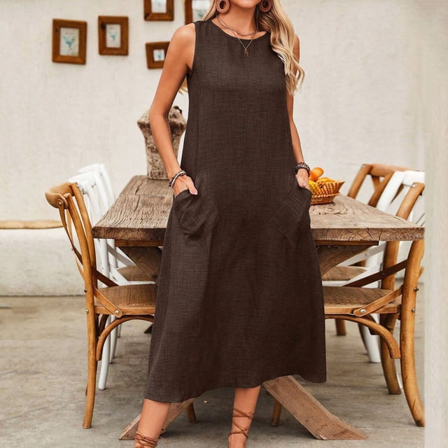 Vestido de Algodón con Bolsillos Color Sólido Algodón Suéter de Lino sin Mangas Falda Larga, Cuello Redondo Bolsillo Vestido Suelto Casual para las Mujeres