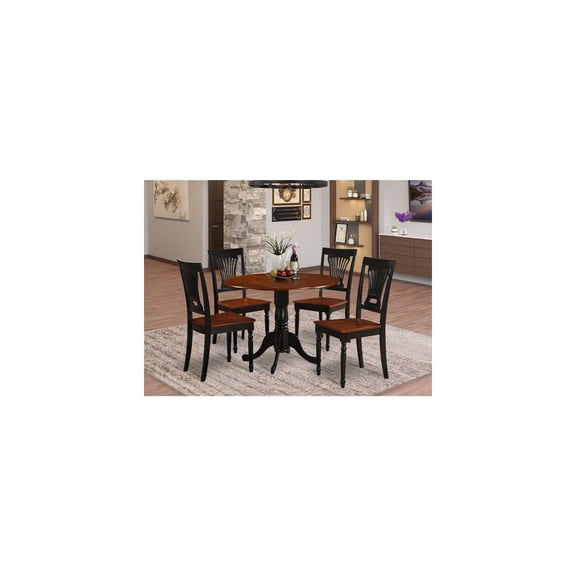Round Dining Set - Table & 4 Chairs - 42" Drop Leaf Design - Black and cherry Finish