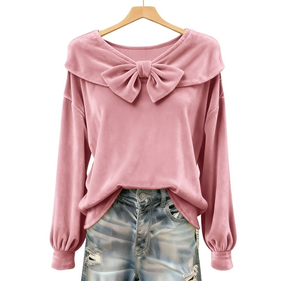 Fashion Velvet Tops for Women Dressy Long Bell Sleeve Blouses Bow Tie V nect Tunic Shirts Pleated T-shirt for Holiday Party