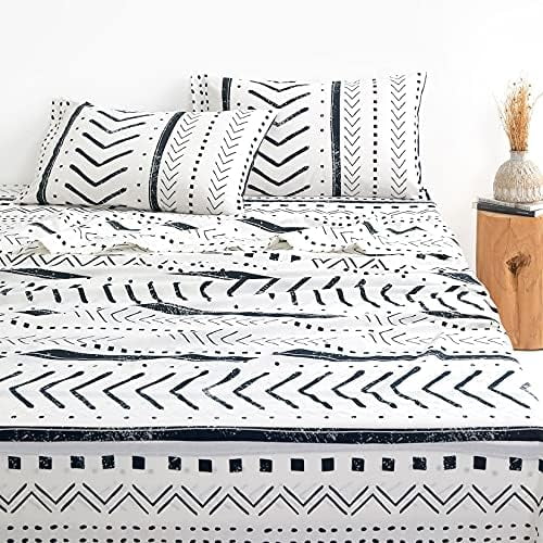 - Aztec Bed Sheets, 100% Cotton, 4-Piece Sheet Set, Geometric Western Modern Pattern Neutral Aesthetic Bedding, Deep Pocket, Black White, Full Size