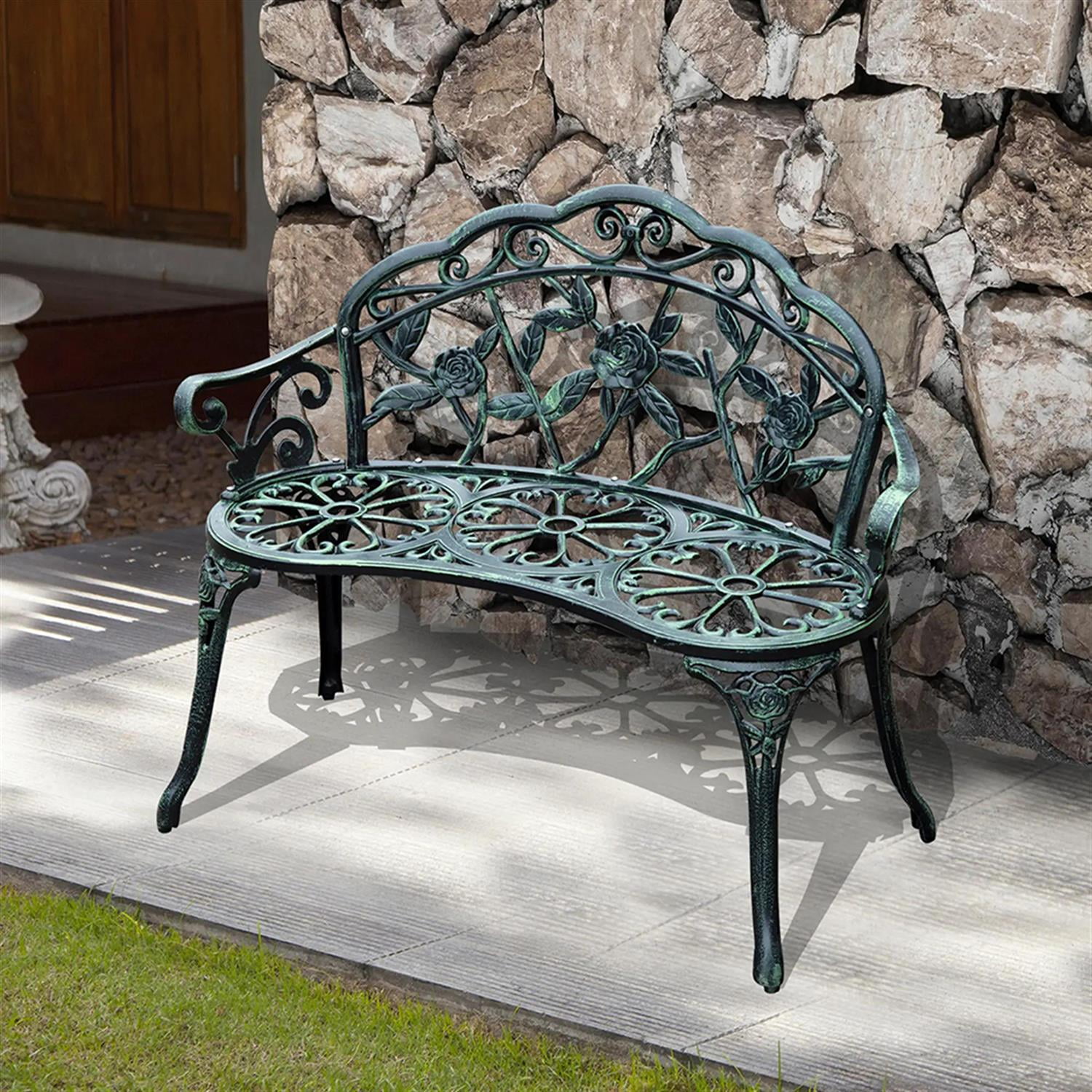 Demi Bonn Patio Garden Bench Metal Park Bench Cast Aluminum Outdoor Benches Furniture with Floral Rose & Antique Finish for Patio, Park, Lawn, Yard, Green