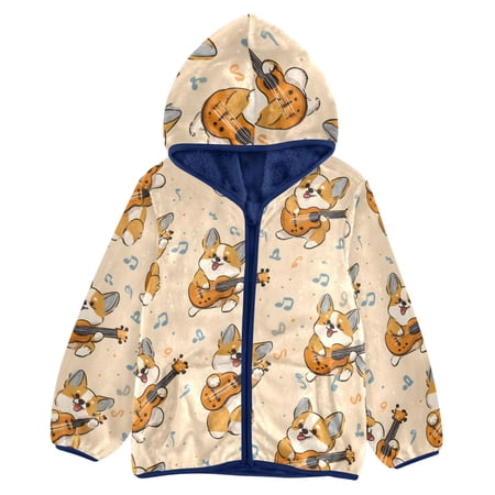 BZSMCE Double-Sided Sherpa Fleece Hooded Zipper Jacket Playing Guitar with Dog Pattern Pattern Batik Dye Method Print Warm Outerwear