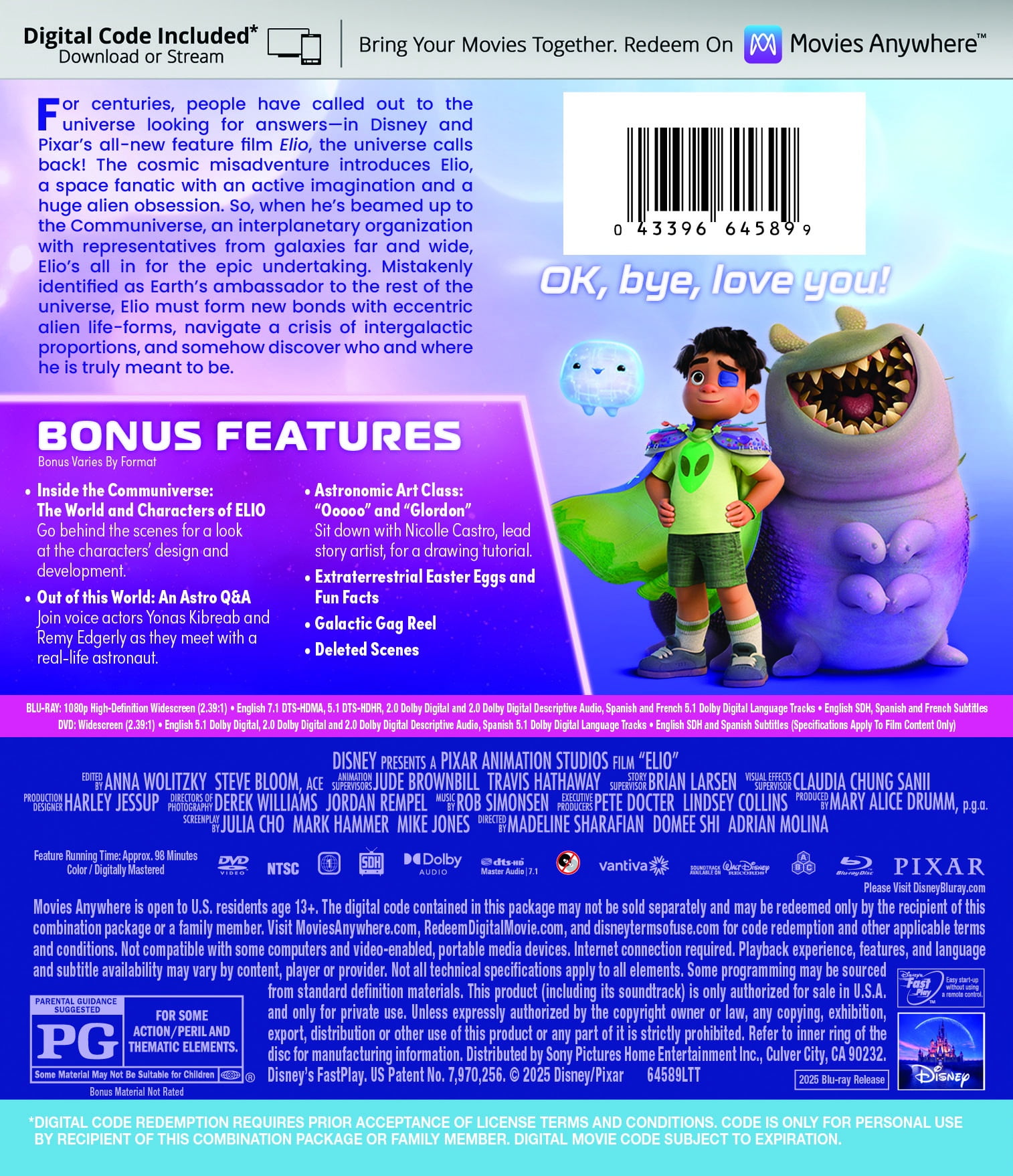 Elio (Blu-ray DVD Digital Copy) Walt Disney Pictures Adventure