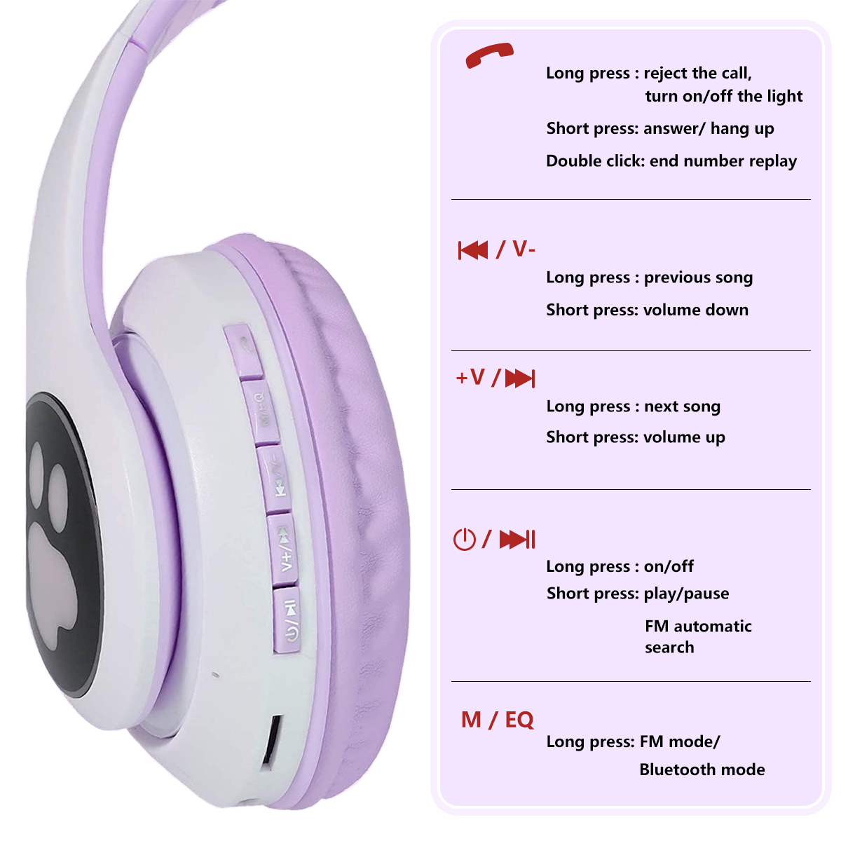 Rirool Cat Ear Bluetooth Headphones for Kids Purple photo 6