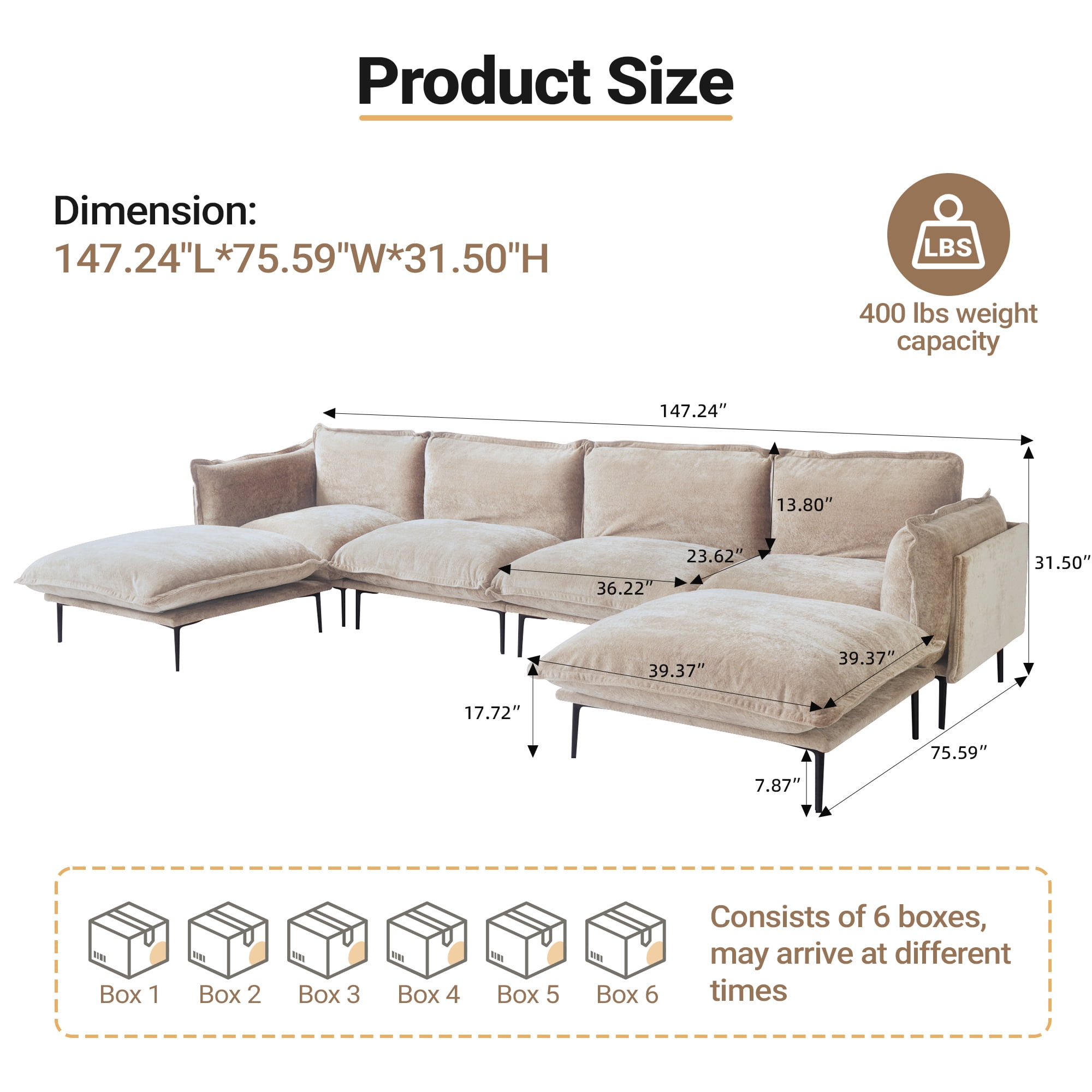 Magic Home Sectional Sofa with High Sofa Legs L-Shaped Couch Sofa Velvet Brown Couches 6 Seat Sofa U-shaped Sectional Couch, Living Room Furniture Set for Home Apartment Office Studio