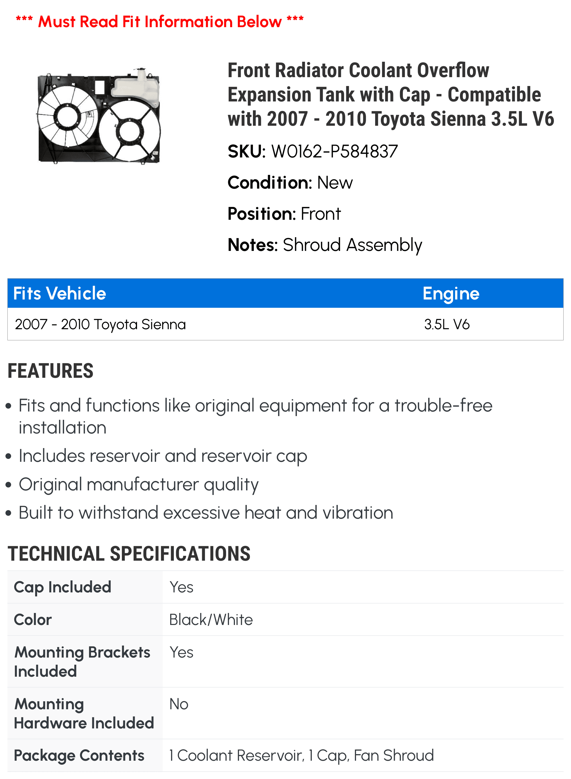 Front Radiator Coolant Overflow Expansion Tank with Cap - Compatible with 2007 - 2010 Toyota Sienna 3.5L V6 2008 2009
