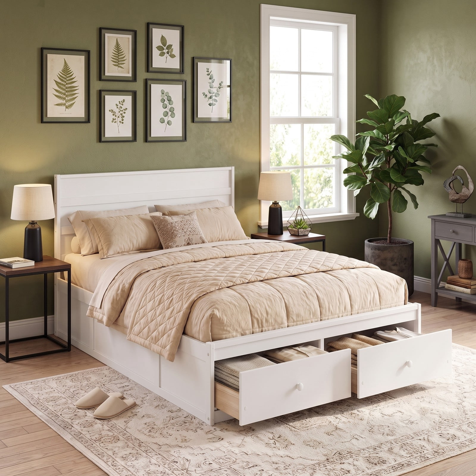 Furnibear Full Size Bed Frame with 2 Storage Drawers, Wood Platform Bed Frame with Plank Headboard for Bedroom and Guest Room, White