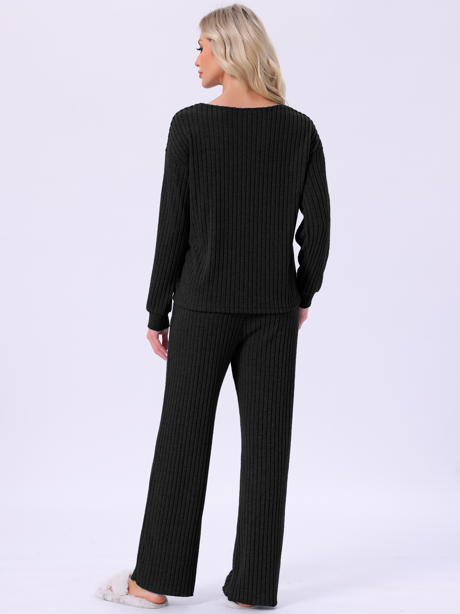 DARING DIVA Ribbed Knit Pajama 2 Piece Long Sleeve Top Pants Sleepwear S Black