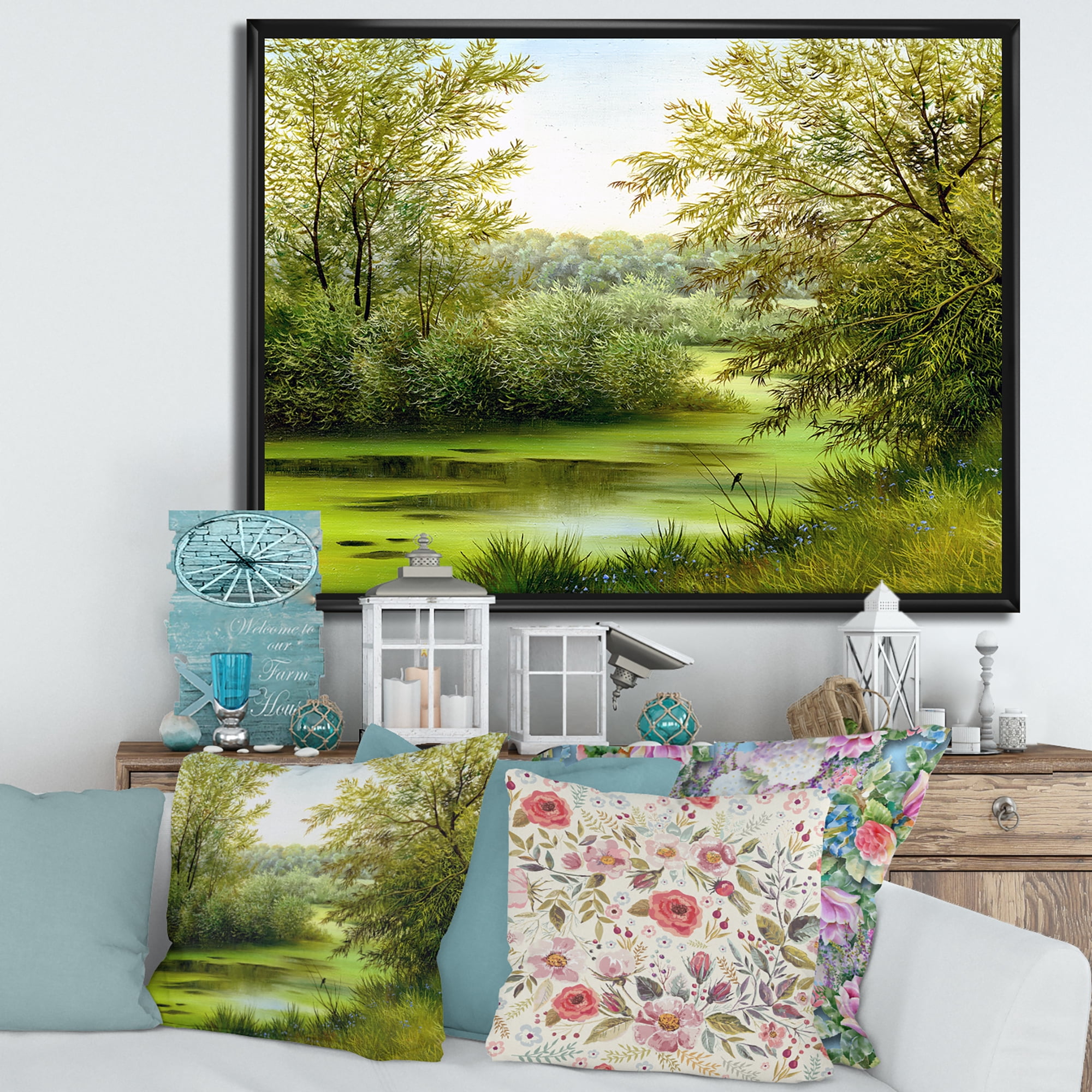 Designart 'Spring Trees With Green Pond' Country Framed Canvas Wall Art Print