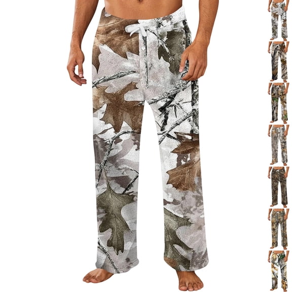 GrmtClth Men's Relax Straight Leg Casual Sleep Pants Woodland Tree Camo Full Print Drawstring Elastic Waist Indoor Trousers Light Gray L